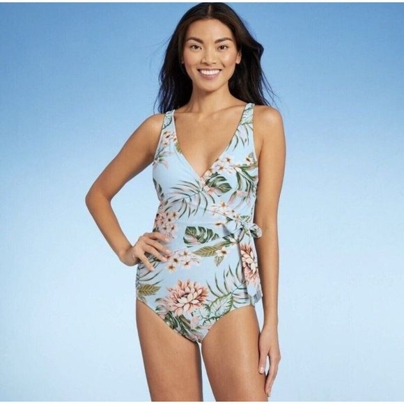 Kona Sol Women's Medium Wrap-Front High‎ Coverage One Piece Swimsuit Tropical - Picture 1 of 10